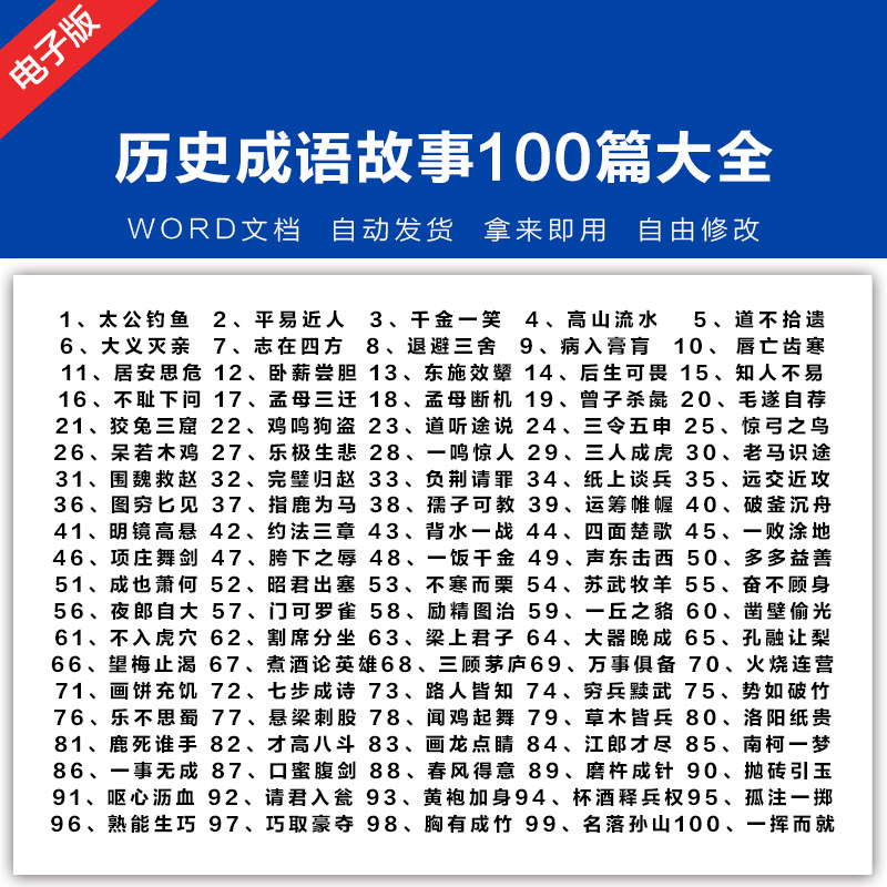 历史成语故事100篇大全 word文档中小学生电子资料 抖音口播文案