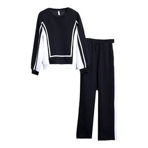 
Fat Sister Casual Fashion Suit 2026 New Plus Size Women's Clothing Contrast Color Round Neck Sweater Wide Leg Pants Two-piece Set for Women