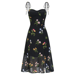 GO GIRL Go French retro seaside holiday printed suspender dress, split high waist A -line long skirt female