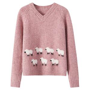 
[Clearout Flash Sale] Autumn and winter lazy Christmas atmosphere knitted sweater loose niche pink v-neck sweater