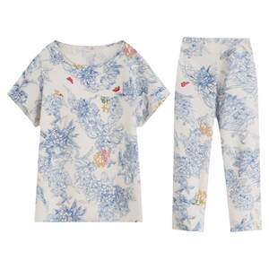 妈妈睡衣女夏天休闲棉绸套装中老年女士居家服奶奶人造棉短袖薄款