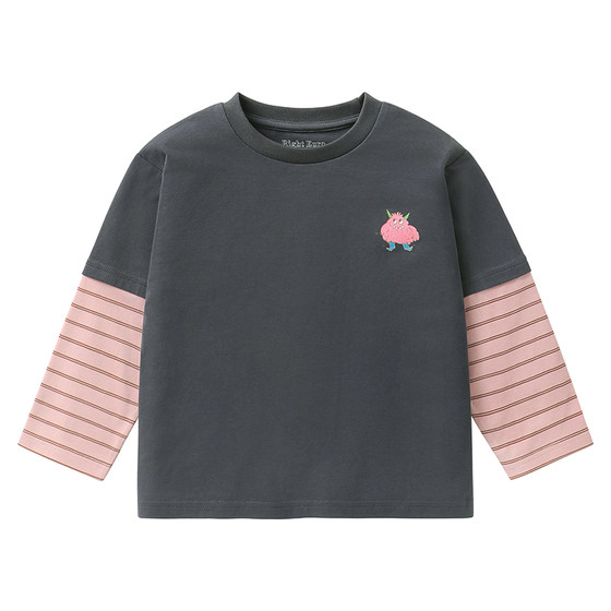 
Right European children's fake two-piece long-sleeved T-shirt spring soft waxy cloud cotton boys and girls printed inner baby bottoming shirt