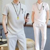 Летняя футболка с коротким рукавом, комплект для отдыха, ханьфу, трендовая китайская вышивка, из хлопка и льна, в корейском стиле, с вышивкой, китайский стиль, облегающий крой