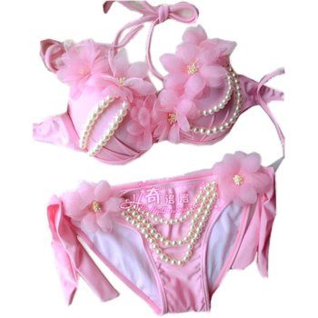 Original handmade chiffon simulated flowers vacation halterneck triangle split swimsuit for women pink bikini