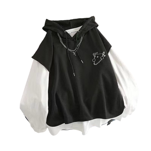 
Spring and Autumn Men and Women's Same Suit Korean Loose Long Sleeve T-shirt + Knitted Hooded Vest Handsome Working Pants Three-piece Set