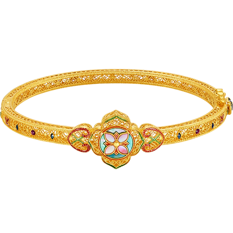 六福珠宝绝色花钿黄金手镯女手工螺钿鎏彩贵妃镯计价L17TBGB0009