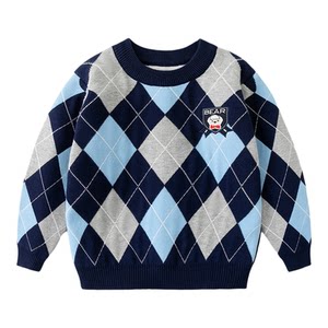 
Children's clothing boy sweater knitted sweater double-layer spring and autumn boys college style diamond round neck children's base shirt top