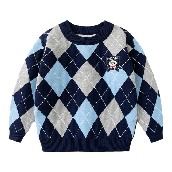 
Children's clothing boy sweater knitted sweater double-layer spring and autumn boys college style diamond round neck children's base shirt top