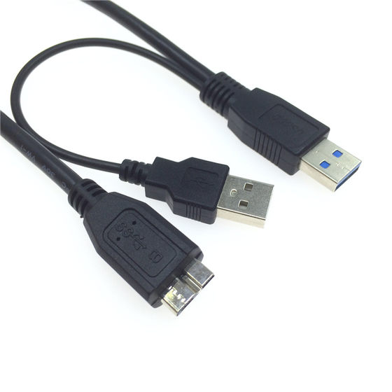 双头电脑usb3.0转microB移动硬盘数据线带usb2.0增强供电接口转换