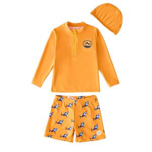 Korean children's swimsuit split boys long -sleeved shorts, orange shark sunscreen beach, surfing swimsuit
