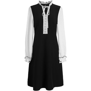 
MEETLADY round neck tied lantern sleeve dress for women spring and autumn black age-reducing temperament waist-hugging A-line skirt