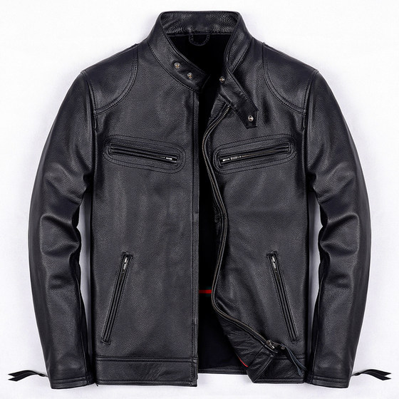 Donnie Yen genuine leather leather jacket with cowhide leather stand collar casual leather jacket for men slim short autumn and winter leather jacket trendy
