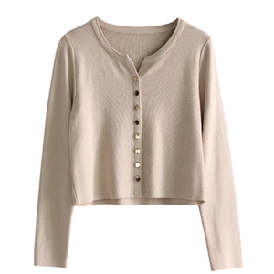 Women's knitted cardigan spring and autumn style, fashionable and fashionable V-neck solid color slim short versatile sweater jacket
