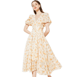 
DPLAY summer new orange dress women's holiday printed chiffon seaside beach dress long dress