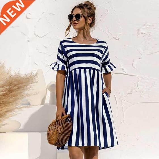 Women Summer Dress Cute Loose Striped Print Ruffles Sleeves