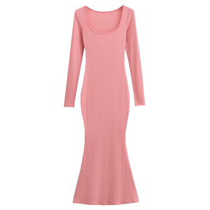 Younggirlday pure desire sexy u collar tight body, thin long sleeve bottoming bag hip fishtail dress long skirt
