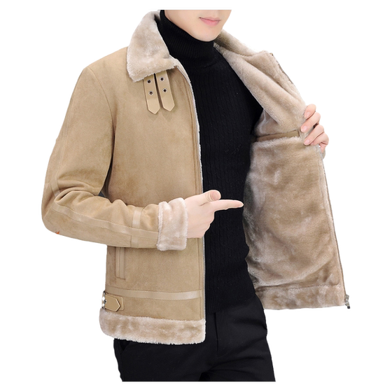 Winter Suede Jacket Men's Short Fur Integrated Fur Thickened Lamb Fur Lapel Leather Jacket Motorcycle Suit
