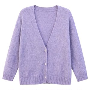 
Korean style white, gentle and lazy purple mid-length knitted cardigan for women in autumn and winter loose sweater jacket with a high-end feel