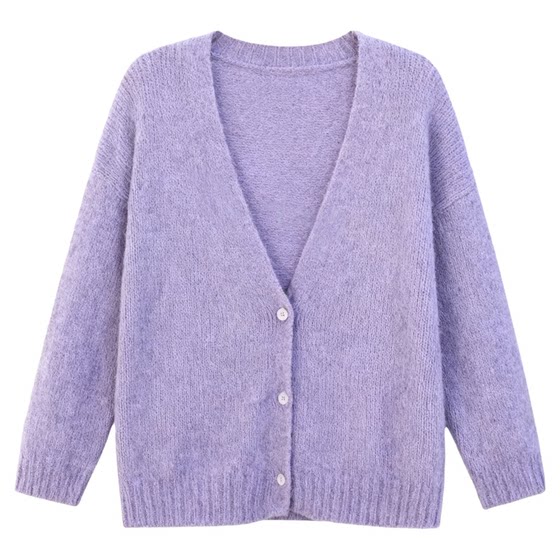 
Korean style white, gentle and lazy purple mid-length knitted cardigan for women in autumn and winter loose sweater jacket with a high-end feel