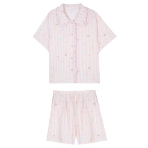 
Xinbangbang Homedress Cartoon Cat Lace Striped Pajamas Women's Summer Outerwear Short-Sleeved Home Clothes Set