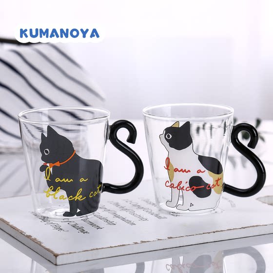 姜妍同款日本KUMANOYA熊野屋ins风可爱猫咪玻璃杯耐热水杯牛奶杯