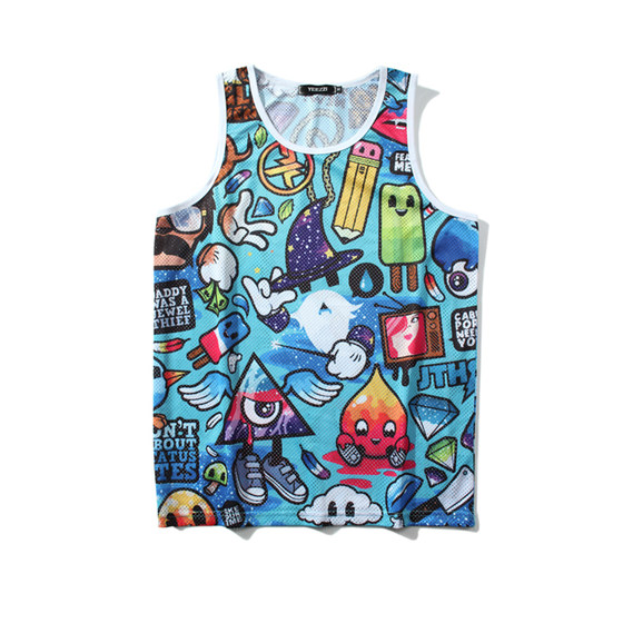 Summer thin ice sweat vest for men and women, casual round neck sports and fitness camisole, printed sleeveless head for young people
