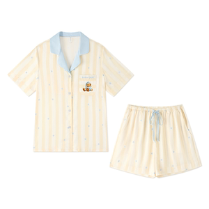 BE泰迪熊联名冰丝睡衣女夏季带胸垫夏天短袖女士丝绸家居服套装夏