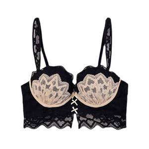 Retro celebrity sexy lace length bra set without steel rings, thin top and thick bottom gathering small breasts underwear bra