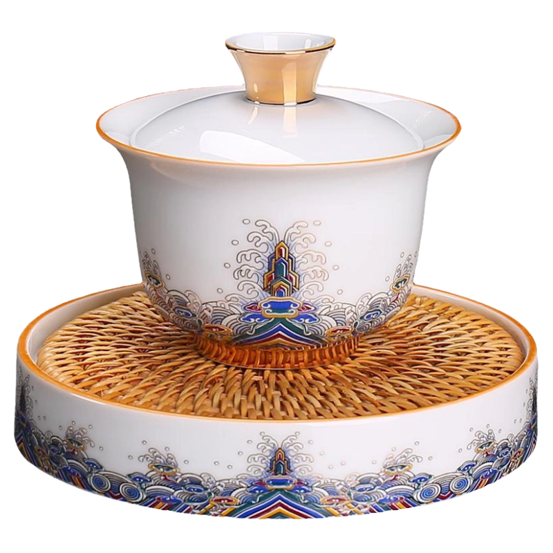 高端珐瑯彩三才盖碗手工陶瓷泡茶杯福寿康宁黄色景德镇茶具