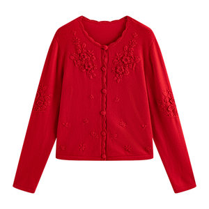 
Stubborn new spring style wool French style round neck embroidered long-sleeved knitted sweater cardigan women's top