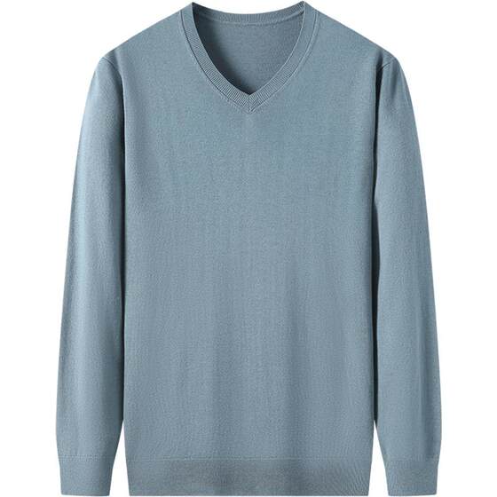 
V-neck thin sweater men's spring and autumn long-sleeved wool T-shirt sweetheart neck sweater with mulberry silk wool bottoming shirt