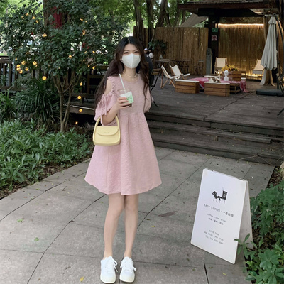 taobao agent Fuchsia summer dress, plus size, puff sleeves, fitted