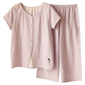 
Pure cotton pajamas for women summer 2026 new round neck short-sleeved cropped pants pure cotton gauze thin home clothes can be worn outside