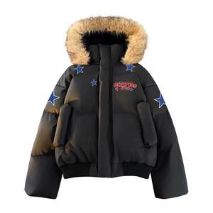 Charles Heart Winter Detachable Fur Collar Hooded Cotton Coat for Men Thickened Coldproof Star Printed Trendy Couple Couple