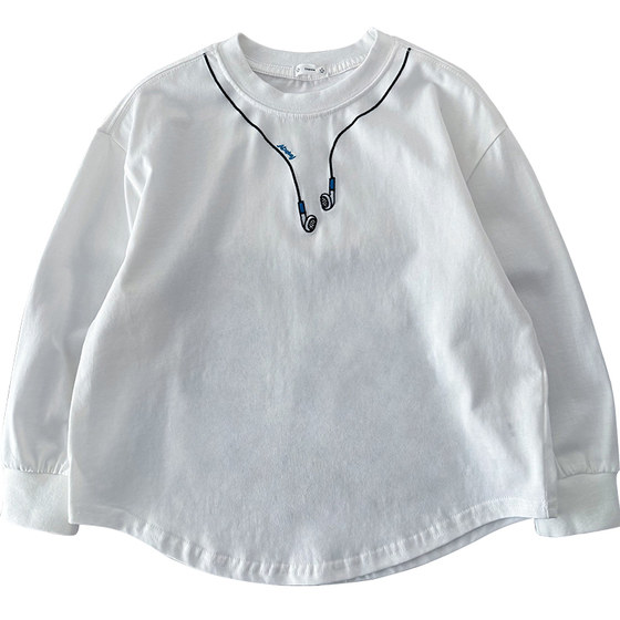 Embroidered headphones, cotton top ~ boys' pure cotton long-sleeved T-shirt, medium-sized children's casual base shirt, white round neck, handsome