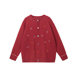 
PCMY New Year's Eve wear embroidered burgundy cardigan sweater jacket for men and women 2026 New Year Korean version couple sweater