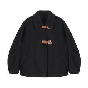 
Basic House/Baijiahao Lapel Leather Button Woolen Coat Women's Woolen Black Short Double-Side Woolen Jacket