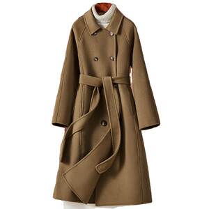 New autumn and winter double-sided cashmere coat for women doll collar long over-knee lace-up raglan sleeve pure wool wool jacket
