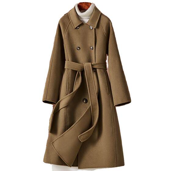 New autumn and winter double-sided cashmere coat for women doll collar long over-knee lace-up raglan sleeve pure wool wool jacket
