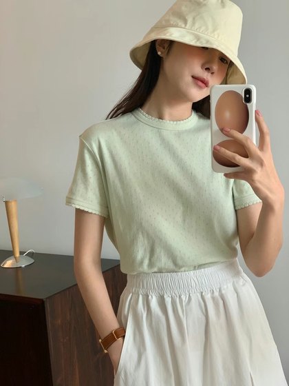 재고 판매 한국 동대문 구매 2023 여름 계란 여성 패션 다재다능한 라운드 넥 중공 반팔 티셔츠