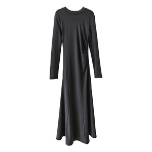 
Fine glitter embellishment, autumn and winter French black and gray long-sleeved dress, slimming waist, A-line skirt, long skirt, Korean style outfit