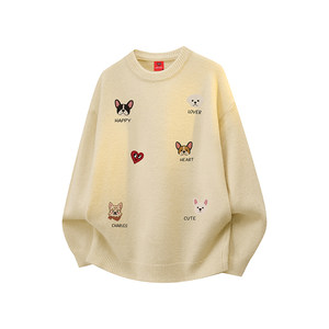 
Charles Heart Sheep Puppy Print Round Neck Sweater for Men and Women Autumn and Winter Soft and Waxy Couple Casual Sweater