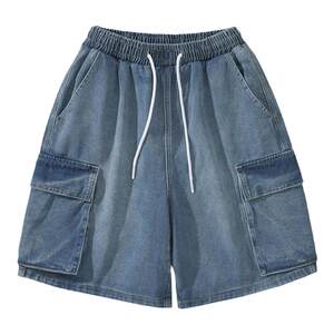 
Men's double-sided three-dimensional cargo pocket denim shorts summer teenagers loose straight leg five-quarter pants students versatile