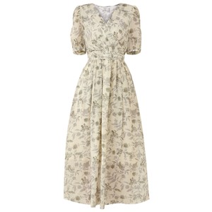 
Summer light luxury waist-hugging chiffon floral dress for women French puff sleeves V-neck white breathable high-waisted long skirt