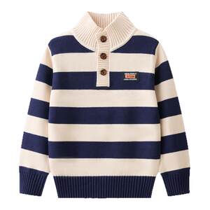 
Red bean children's pure cotton sweater for boys, middle and large children, autumn and winter warm pullover striped half turtleneck knitted bottoming shirt S