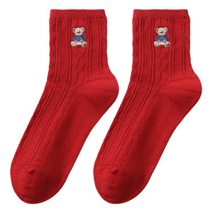 
tutuanna spring and autumn women's mid-calf socks solid color casual animal embroidery patch cotton breathable socks for women