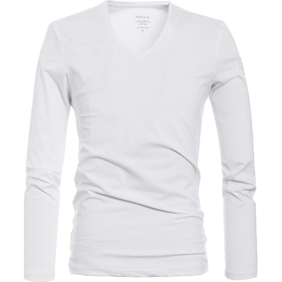 Yuanben Xinjiang cotton autumn clothing V -neck long -sleeved T -shirt men with tide black men's slim bottom shirt white top
