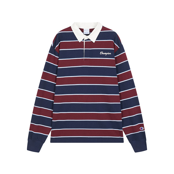 
Champion T-shirt for women in spring couple color-blocking stripes retro style pure cotton casual long-sleeved tops for men