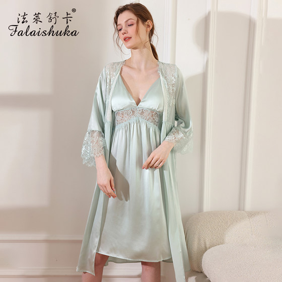 Faleshuka 실크 잠옷 100% 뽕나무 실크 섹시한 서스펜더 잠옷 세트 봄, 가을, 여름 새로운 스타일