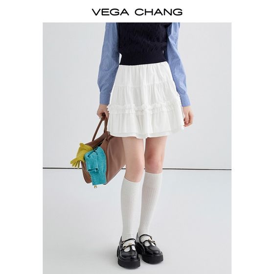 VEGA CHANG高腰半身裙女2025年春秋新款优雅双层花边蓬松蛋糕裙子